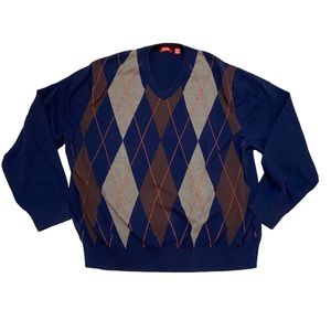 Izod Sweater Men’s XXL Blue Cotton Diamond Argyle V Neck Pullover
